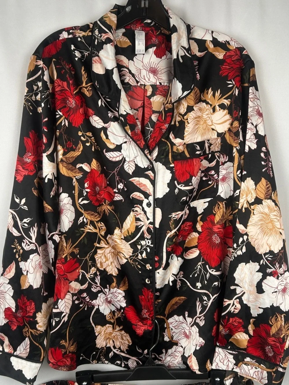 Stars Above Black Floral Satin Pajama PJ Set with Red and Pink Bloom Flowers XL